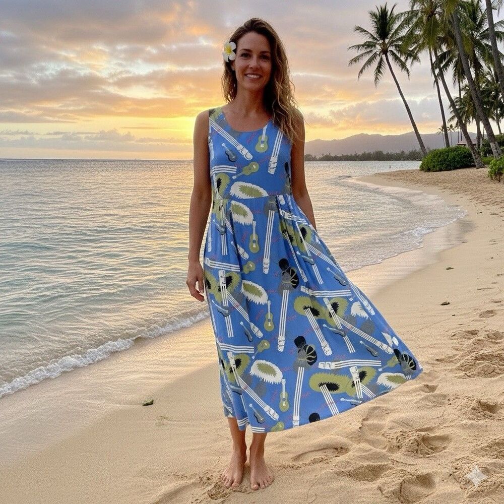 80's Vintage Reyn Spooner Polynesian Hawaiian Midi Dress‎ Ukelele Rare Print S